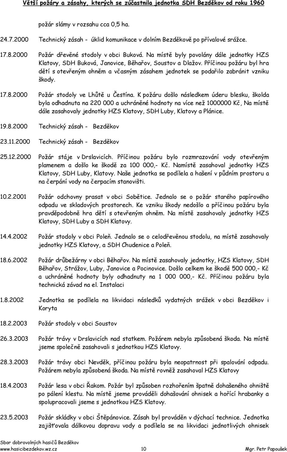 Příčinou poţáru byl hra dětí s otevřeným ohněm a včasným zásahem jednotek se podařilo zabránit vzniku škody. 17.8.2000 Poţár stodoly ve Lhůtě u Čestína.