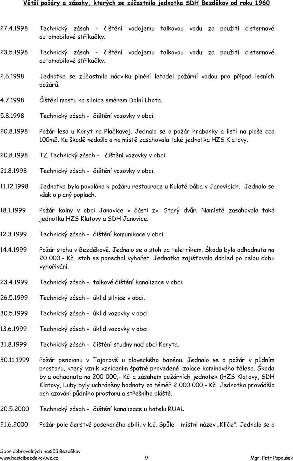 1998 Čištění mostu na silnice směrem Dolní Lhota. 5.8.1998 Technický zásah - čištění vozovky v obci. 20.8.1998 Poţár lesa u Koryt na Plačkavej. Jednalo se o poţár hrabanky a listí na ploše cca 100m2.