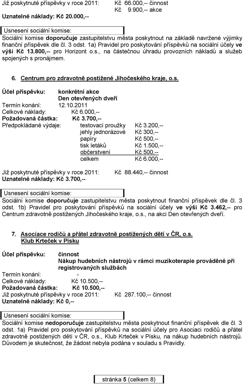 1a) Pravidel pro poskytování příspěvků na sociální účely ve výši Kč 13.800,-- pro Horizont o.s., na částečnou úhradu provozních nákladů a služeb spojených s pronájmem. 6.