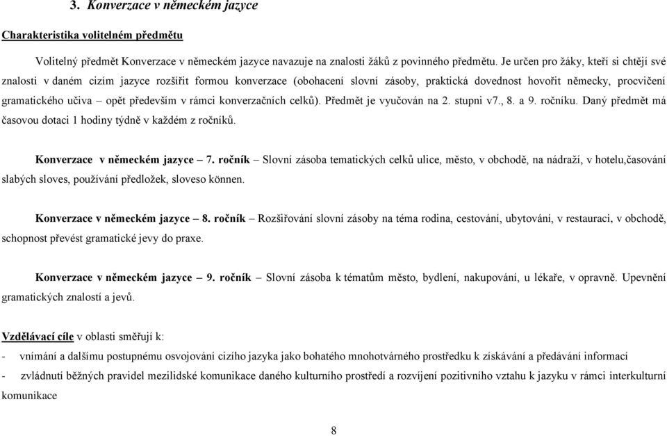 především v rámci konverzačních celků). Předmět je vyučován na 2. stupni v7., 8. a 9. ročníku. Daný předmět má časovou dotaci 1 hodiny týdně v každém z ročníků. Konverzace v německém jazyce 7.