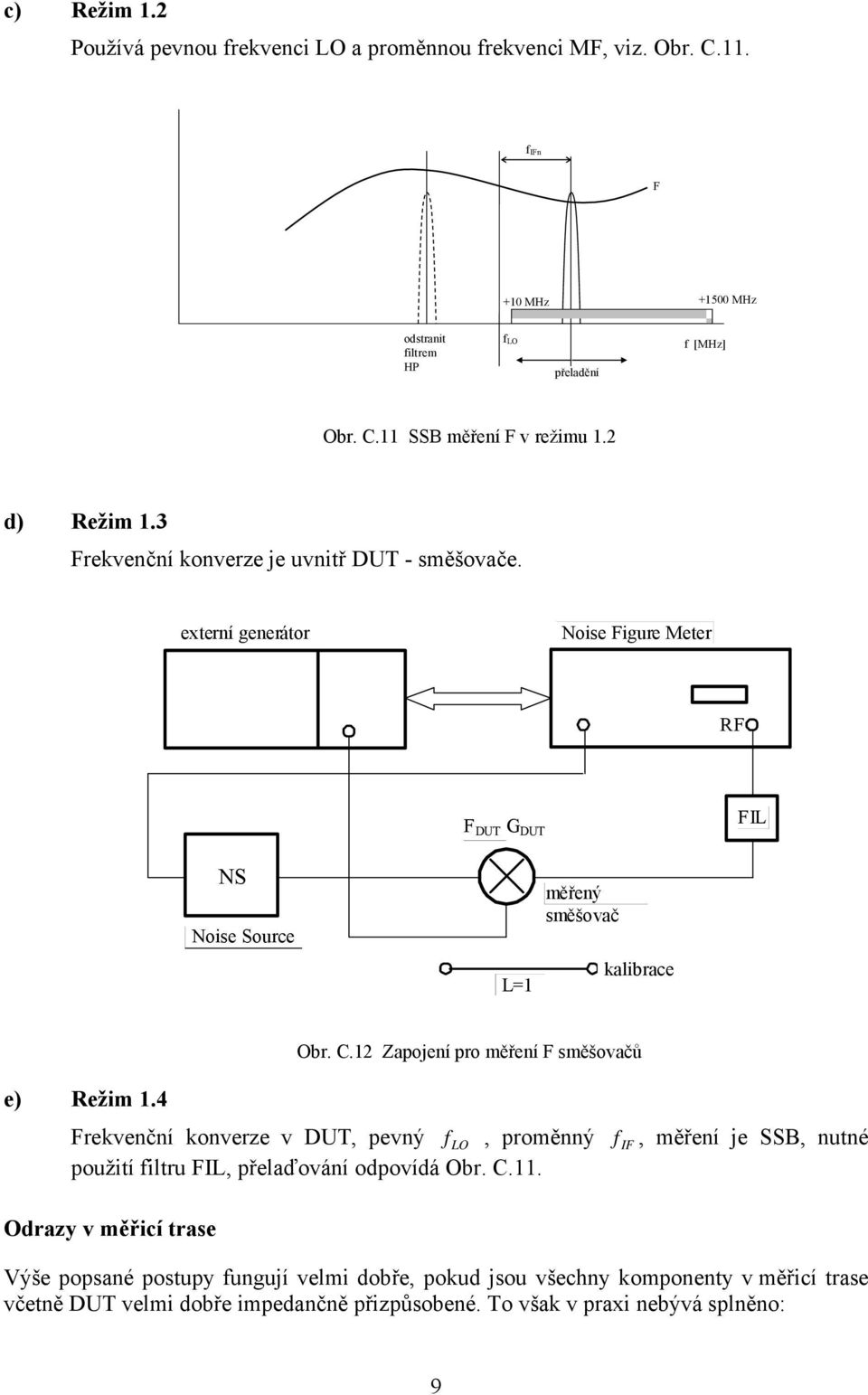 Zapojení pro měření směšovačů e) Režim.4 rekvenční konverze v DUT, pevný f LO, proměnný f I, měření je SSB, nutné použití filtru IL, přelaďování odpovídá Obr. C.