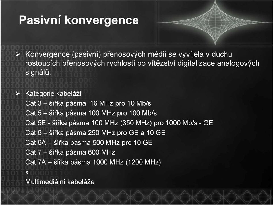 Kategorie kabeláží Cat 3 šířka pásma 16 MHz pro 10 Mb/s Cat 5 šířka pásma 100 MHz pro 100 Mb/s Cat 5E - šířka pásma 100