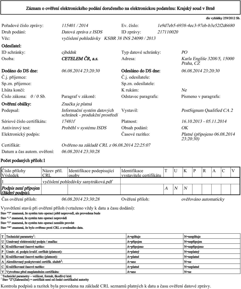 " znamená, že systém tuto operaci nemůže provést Stav "*" znamená, že bylo ověřeno proti CRL z uvedeného data.