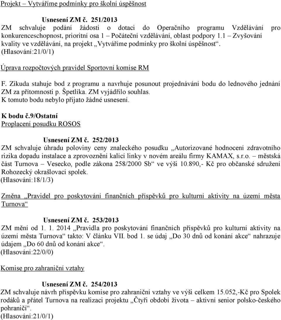 1 Zvyšování kvality ve vzdělávání, na projekt Vytváříme podmínky pro školní úspěšnost. (Hlasování:21/0/1) Úprava rozpočtových pravidel Sportovní komise RM F.