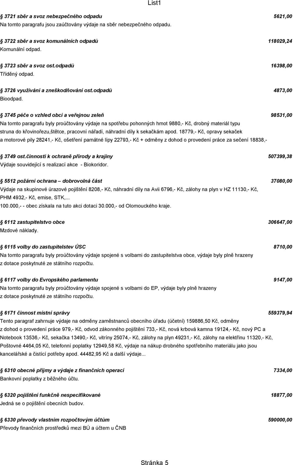 3745 péče o vzhled obcí a veřejnou zeleň 98531,00 Na tomto paragrafu byly proúčtovány výdaje na spotřebu pohonných hmot 9880,- Kč, drobný materiál typu struna do křovinořezu,štětce, pracovní nářadí,