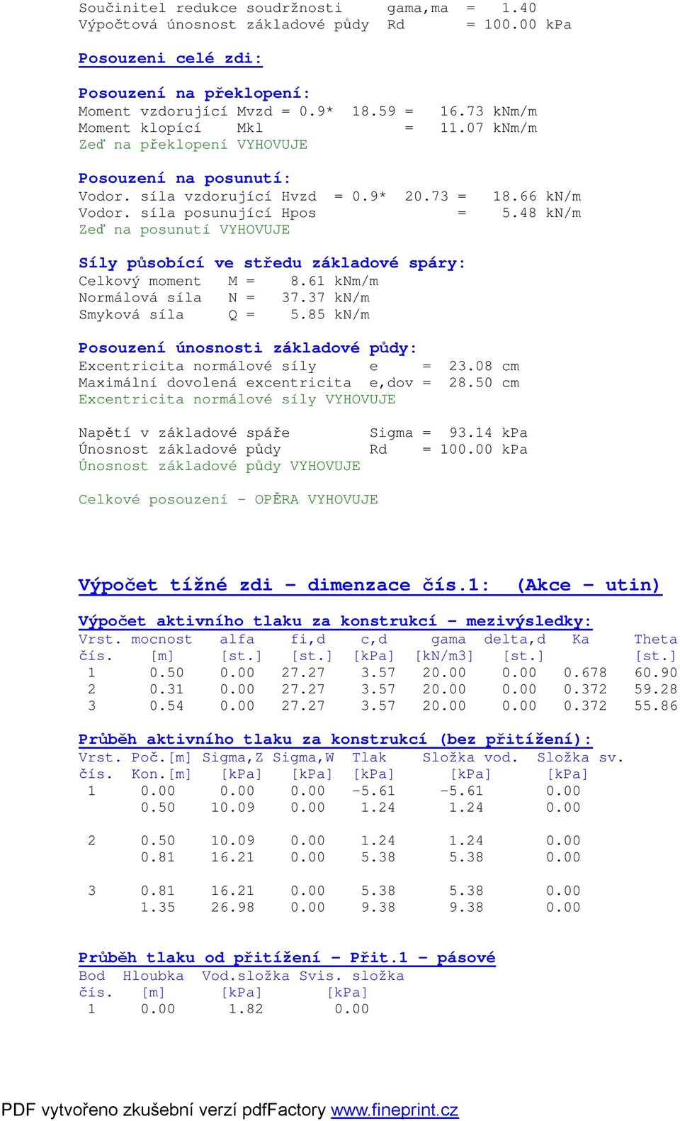 48 kn/m Zeď na posunutí VYHOVUJE Síly působící ve středu základové spáry: Celkový moment M = 8.61 knm/m Normálová síla N = 37.37 kn/m Smyková síla Q = 5.