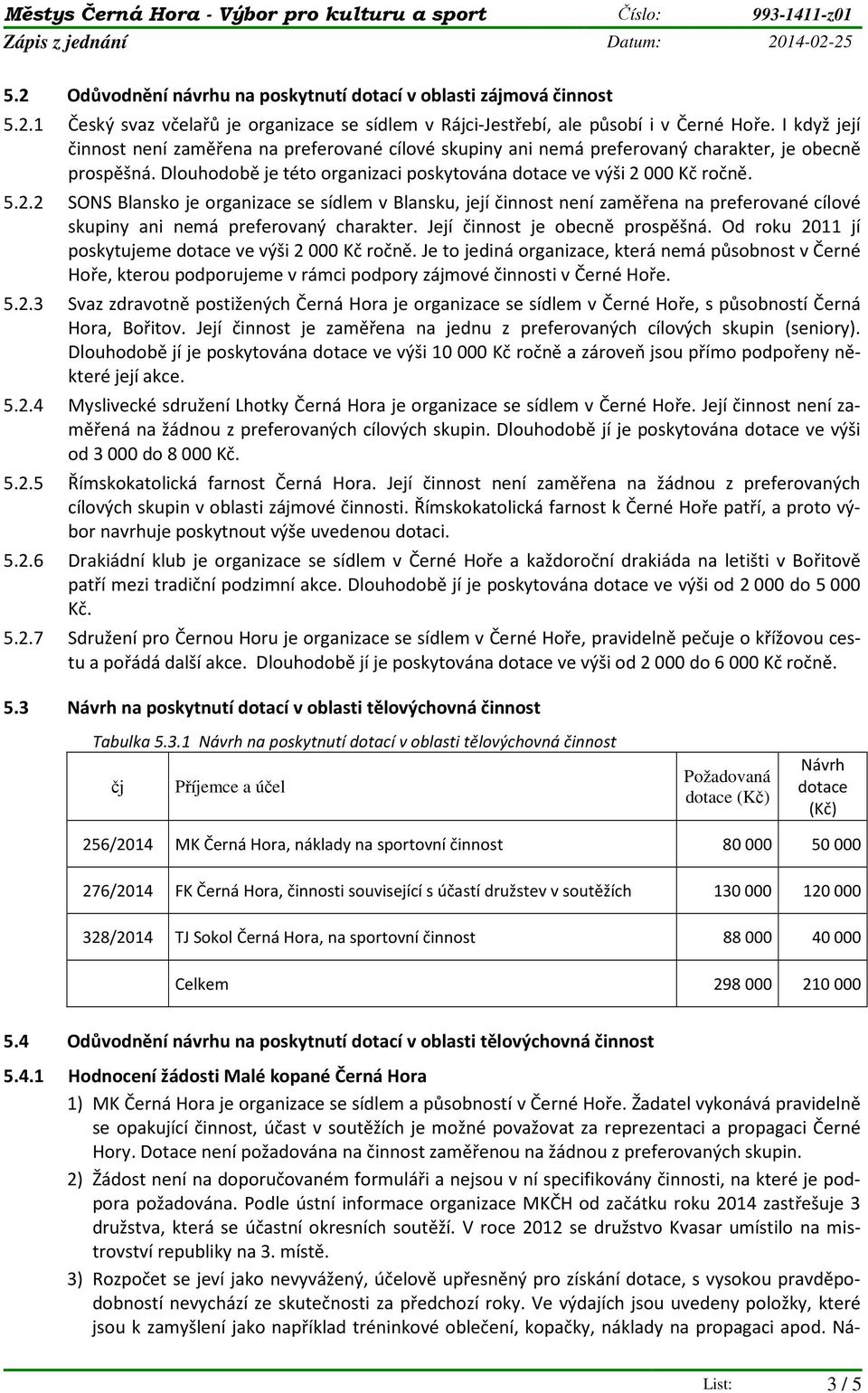 000 Kč ročně. 5.2.2 SONS Blansko je organizace se sídlem v Blansku, její činnost není zaměřena na preferované cílové skupiny ani nemá preferovaný charakter. Její činnost je obecně prospěšná.