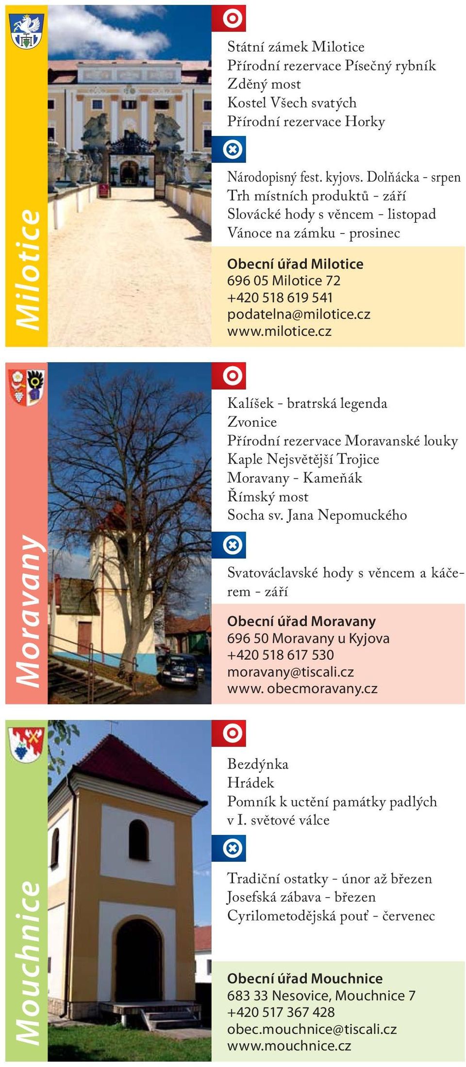 cz www.milotice.cz Kalíšek - bratrská legenda Zvonice Přírodní rezervace Moravanské louky Kaple Nejsvětější Trojice Moravany - Kameňák Římský most Socha sv.