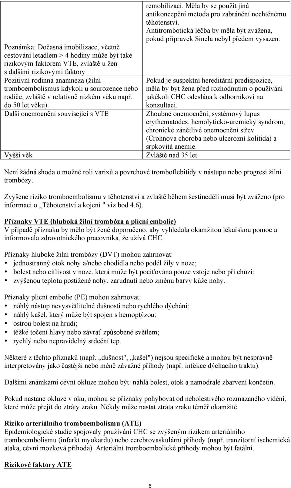Měla by se použít jiná antikoncepční metoda pro zabránění nechtěnému těhotenství. Antitrombotická léčba by měla být zvážena, pokud přípravek Sinela nebyl předem vysazen.