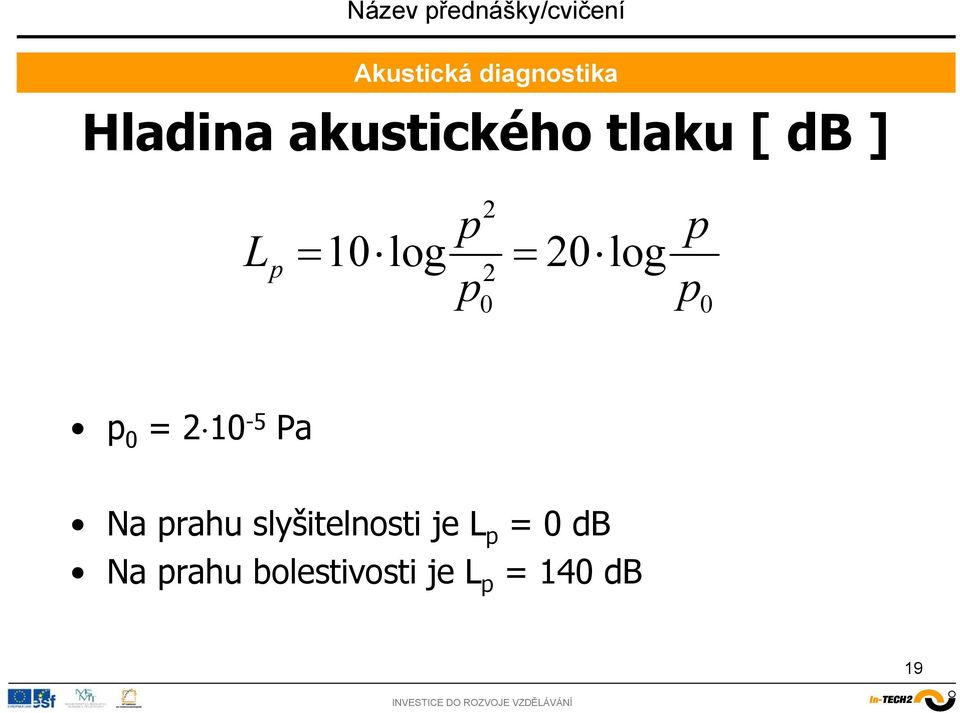 10-5 Pa Na prahu slyšitelnosti je L p =