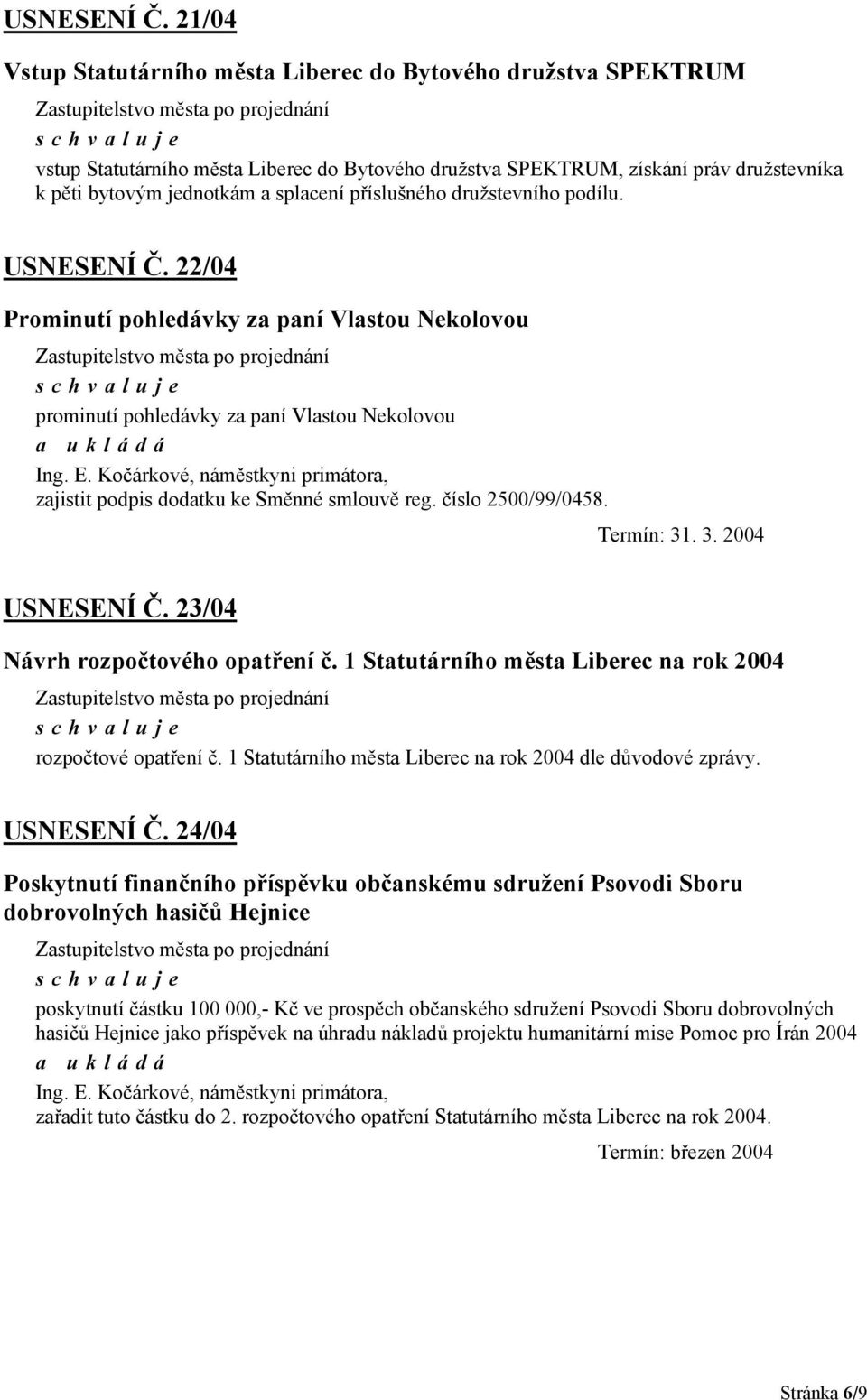 příslušného družstevního podílu.  22/04 Prominutí pohledávky za paní Vlastou Nekolovou prominutí pohledávky za paní Vlastou Nekolovou Ing. E.