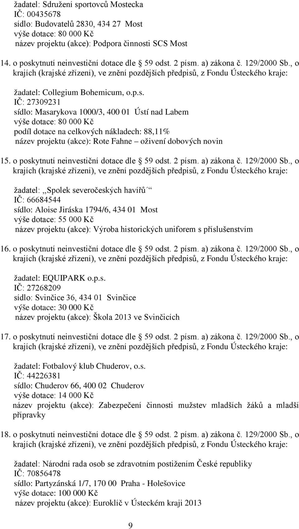 o poskytnutí neinvestiční dotace dle 59 odst. 2 písm. a) zákona č. 129/2000 Sb.