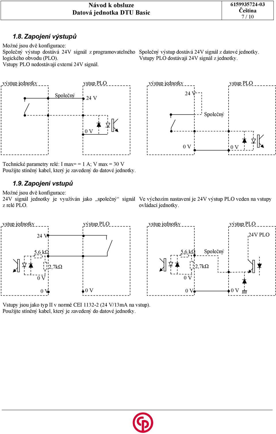 výstup jednotky vstup PLO výstup jednotky vstup PLO Společný 24 V 24 V Společný Technické parametry relé: I max= = 1 A; V max = 3 Použijte stíněný kabel, který je zavedený do datové jednotky. 1.9.
