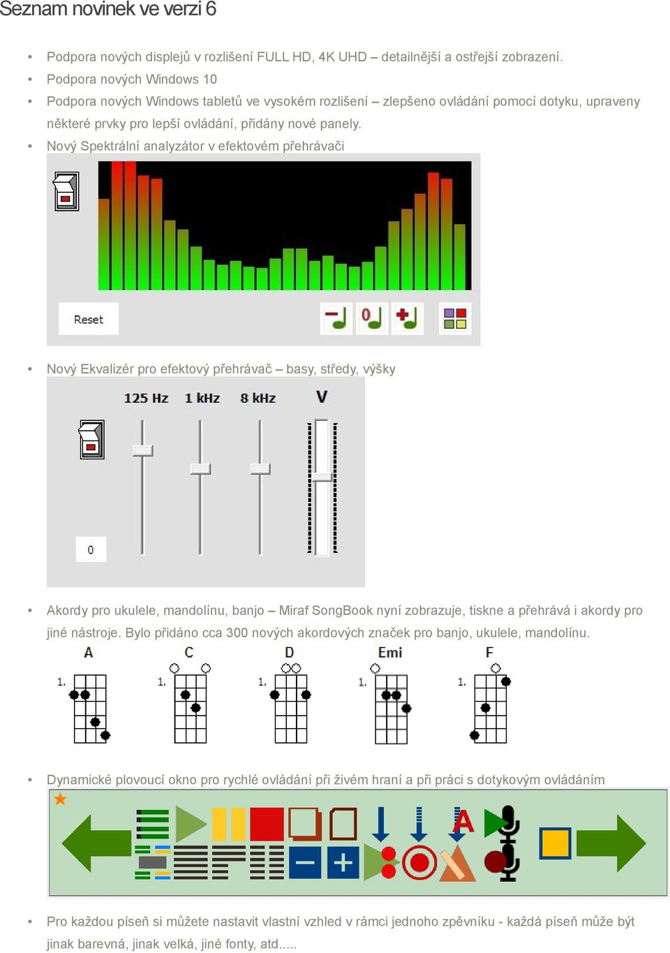 Nový Spektrální analyzátor v efektovém přehrávači Nový Ekvalizér pro efektový přehrávač basy, středy, výšky Akordy pro ukulele, mandolínu, banjo Miraf SongBook nyní zobrazuje, tiskne a přehrává i