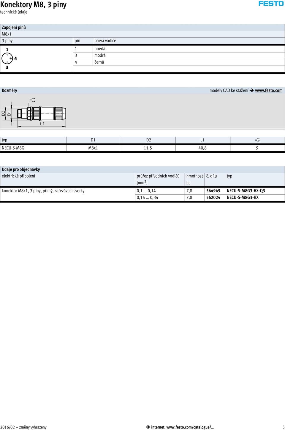 com typ D1 D2 L1 ß NECU-S-M8G M8x1 11,5 40,8 9 Údaje pro objednávky elektrické připojení průřez přívodních vodičů