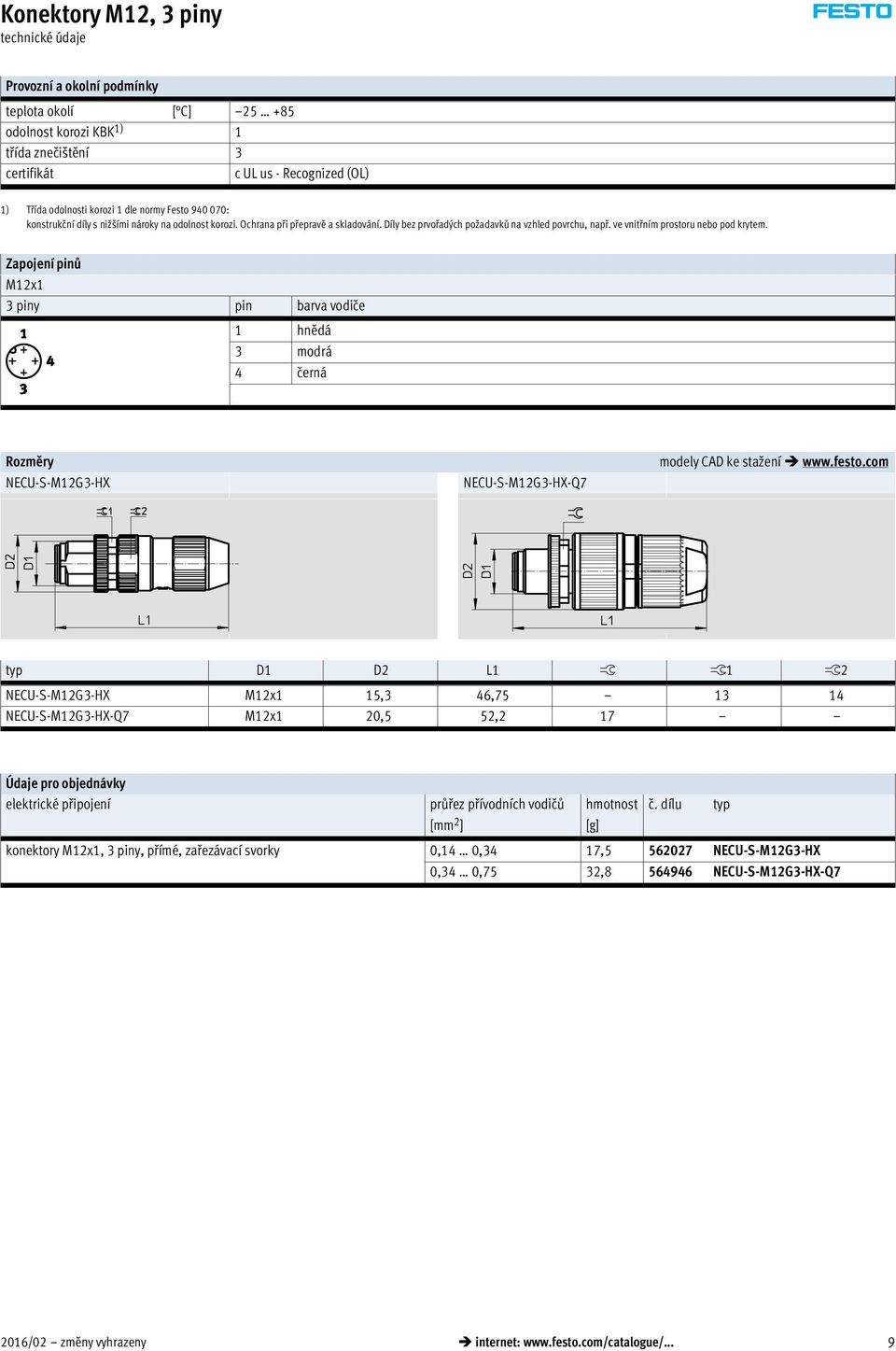 Zapojení pinů M12x1 3 piny pin barva vodiče 1 hnědá 3 modrá 4 černá Rozměry NECU-S-M12G3-HX NECU-S-M12G3-HX-Q7 modely CAD ke stažení www.festo.