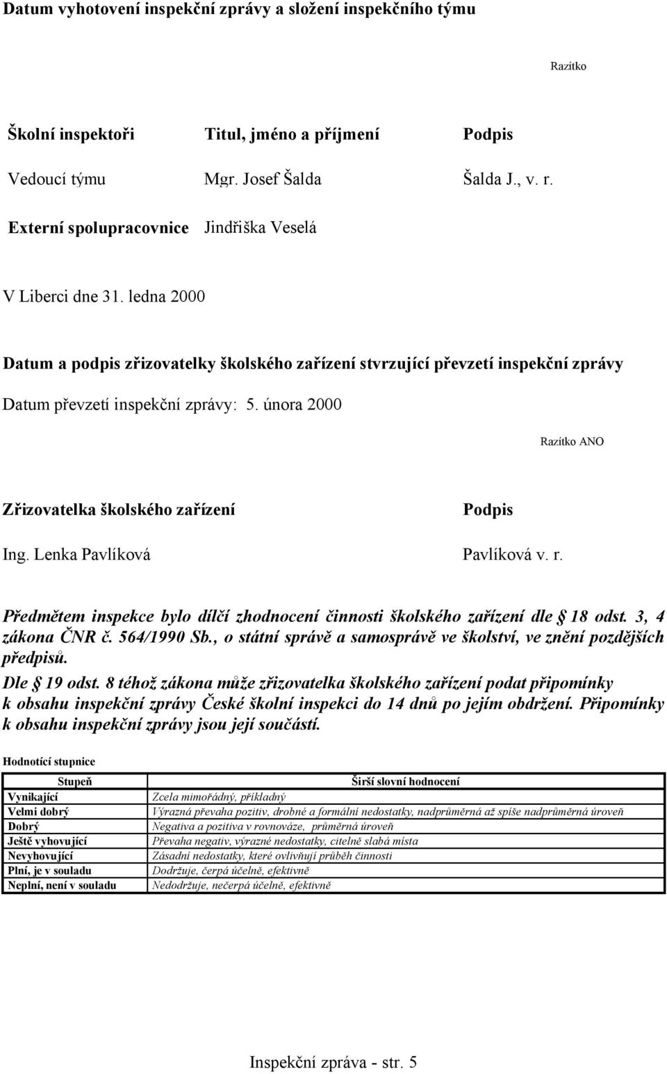 února 2000 Razítko ANO Zřizovatelka školského zařízení Podpis Ing. Lenka Pavlíková Pavlíková v. r. Předmětem inspekce bylo dílčí zhodnocení činnosti školského zařízení dle 18 odst. 3, 4 zákona ČNR č.