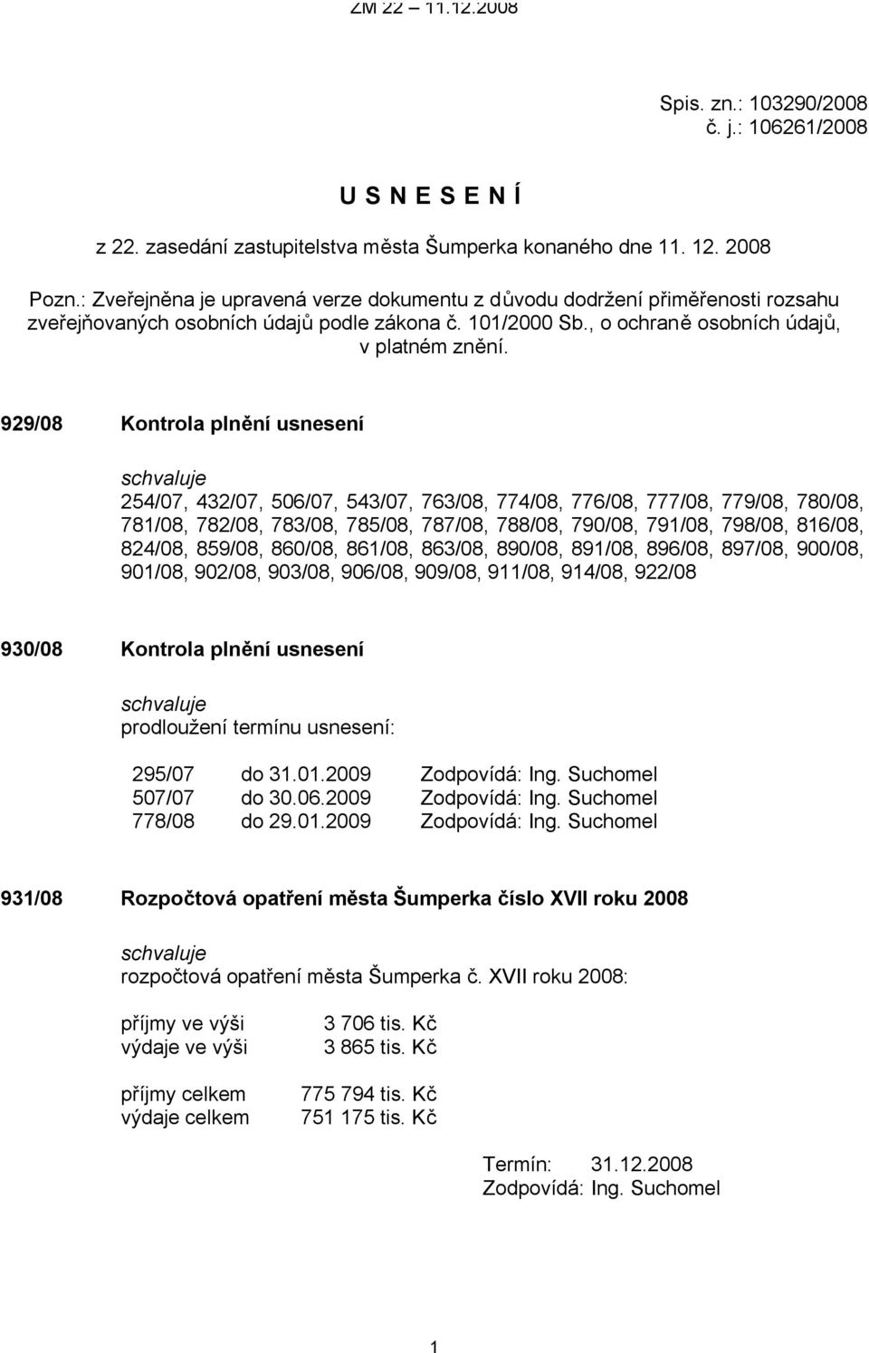 929/08 Kontrola plnění usnesení 254/07, 432/07, 506/07, 543/07, 763/08, 774/08, 776/08, 777/08, 779/08, 780/08, 781/08, 782/08, 783/08, 785/08, 787/08, 788/08, 790/08, 791/08, 798/08, 816/08, 824/08,