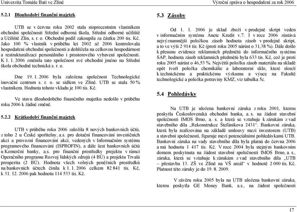 společnosti. K 1. 1. 2006 změnila tato společnost své obchodní jméno na Střední škola obchodně technická s. r. o. Dne 19. 1. 2006 byla založena společnost Technologické inovační centrum s. r. o. se sídlem ve Zlíně.