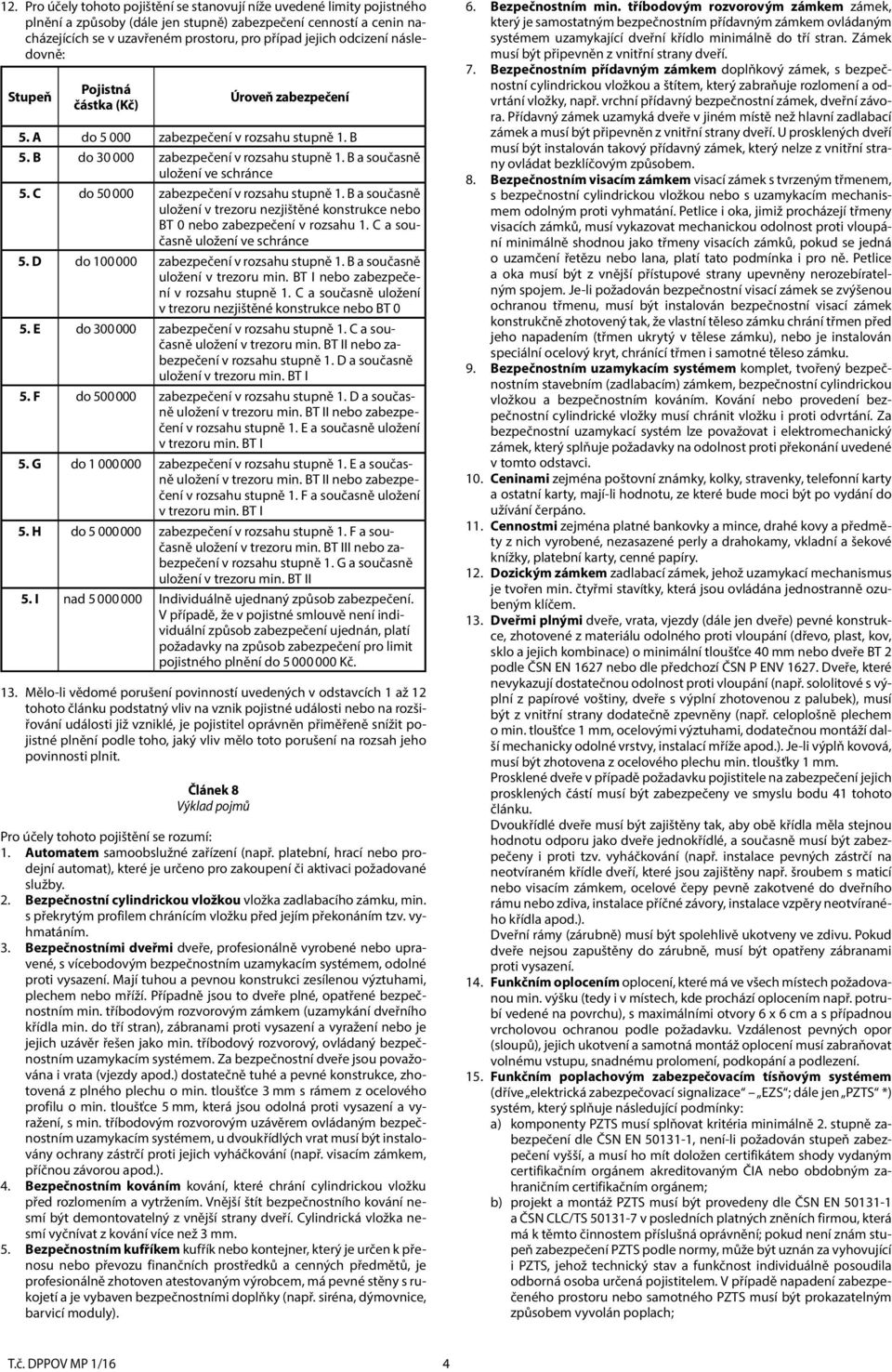 B a současně uložení v trezoru nezjištěné konstrukce nebo BT 0 nebo zabezpečení v rozsahu 1. C a současně uložení ve schránce 5. D do 100 000 zabezpečení v rozsahu stupně 1.