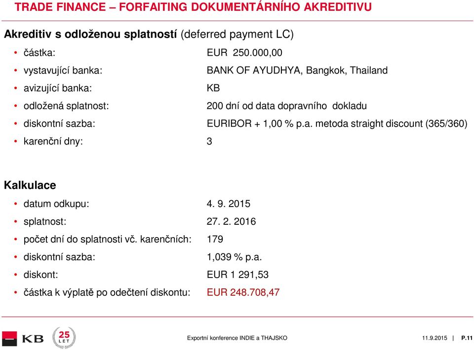 diskontní sazba: EURIBOR + 1,00 % p.a. metoda straight discount (365/360) karenční dny: 3 Kalkulace datum odkupu: 4. 9. 20