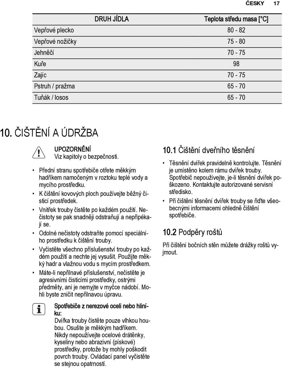 K čištění kovových ploch používejte běžný čisticí prostředek. Vnitřek trouby čistěte po každém použití. Nečistoty se pak snadněji odstraňují a nepřipékají se.