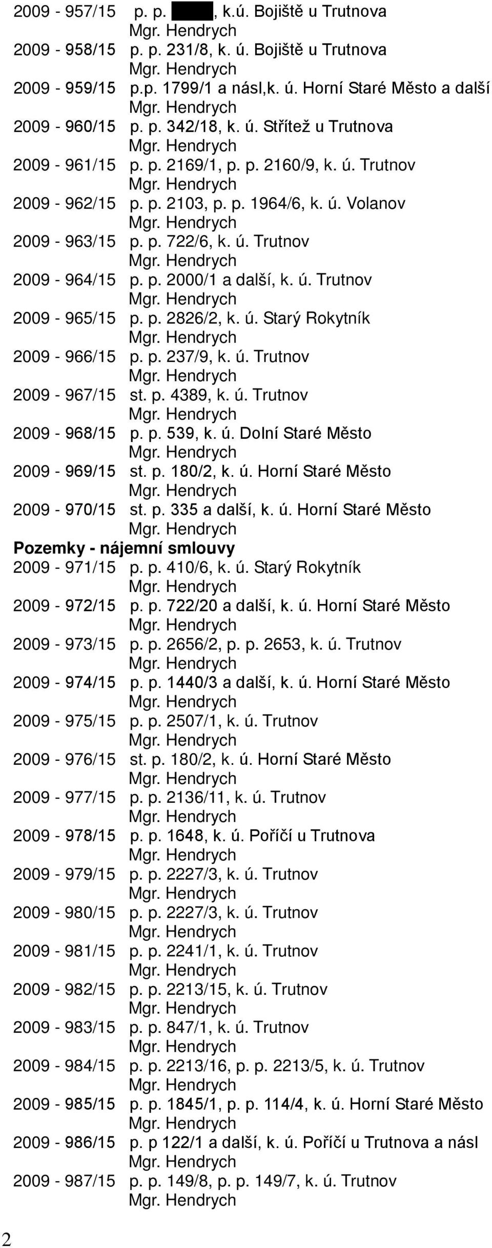 ú. Starý Rokytník 2009-966/15 p. p. 237/9, k. ú. Trutnov 2009-967/15 st. p. 4389, k. ú. Trutnov 2009-968/15 p. p. 539, k. ú. Dolní Staré Město 2009-969/15 st. p. 180/2, k. ú. Horní Staré Město 2009-970/15 st.