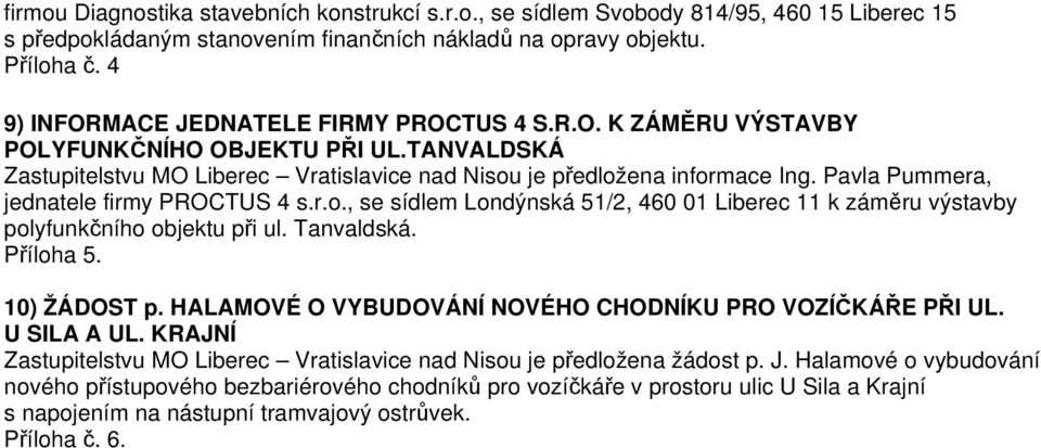 Pavla Pummera, jednatele firmy PROCTUS 4 s.r.o., se sídlem Londýnská 51/2, 460 01 Liberec 11 k záměru výstavby polyfunkčního objektu při ul. Tanvaldská. Příloha 5. 10) ŽÁDOST p.