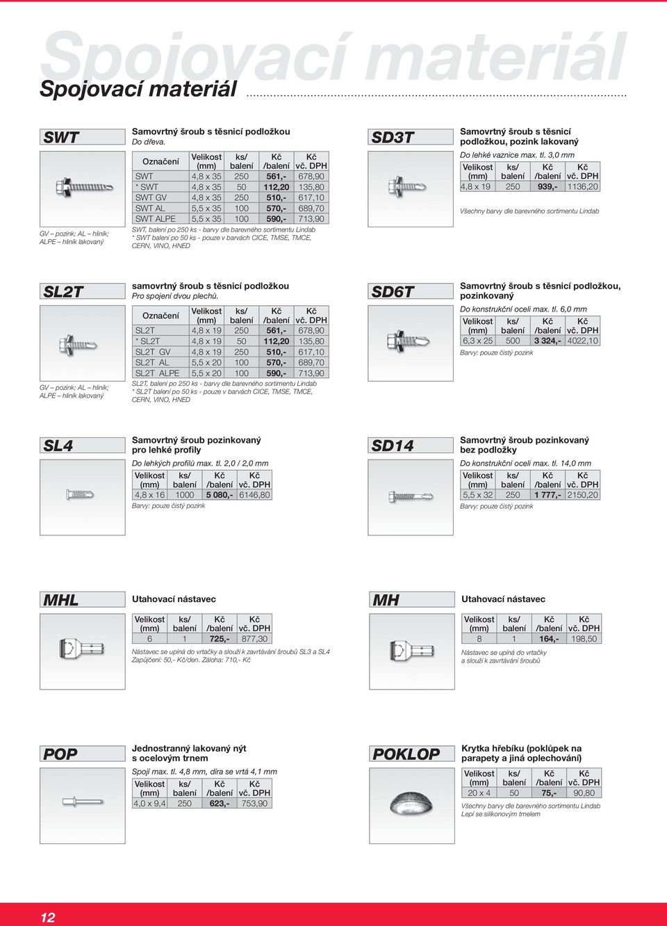 SWT, balení po 250 ks - barvy dle barevného sortimentu Lindab * SWT balení po 50 ks - pouze v barvách CICE, TMSE, TMCE, CERN, VINO, HNED SD3T Samovrtný šroub s těsnicí podložkou, pozink lakovaný Do