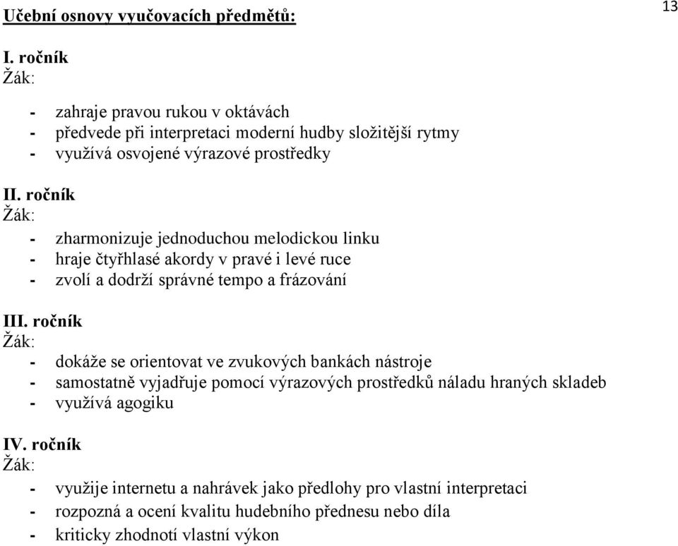 ročník zharmonizuje jednoduchou melodickou linku hraje čtyřhlasé akordy v pravé i levé ruce zvolí a dodrží správné tempo a frázování III.