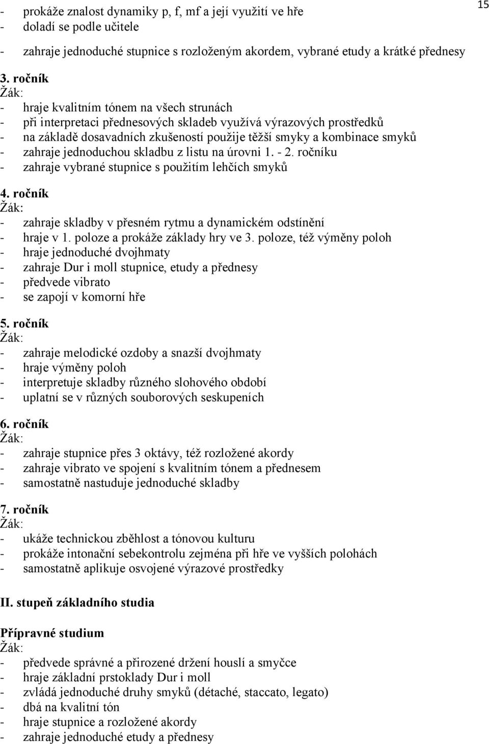 jednoduchou skladbu z listu na úrovni. 2. ročníku zahraje vybrané stupnice s použitím lehčích smyků 4. ročník zahraje skladby v přesném rytmu a dynamickém odstínění hraje v.