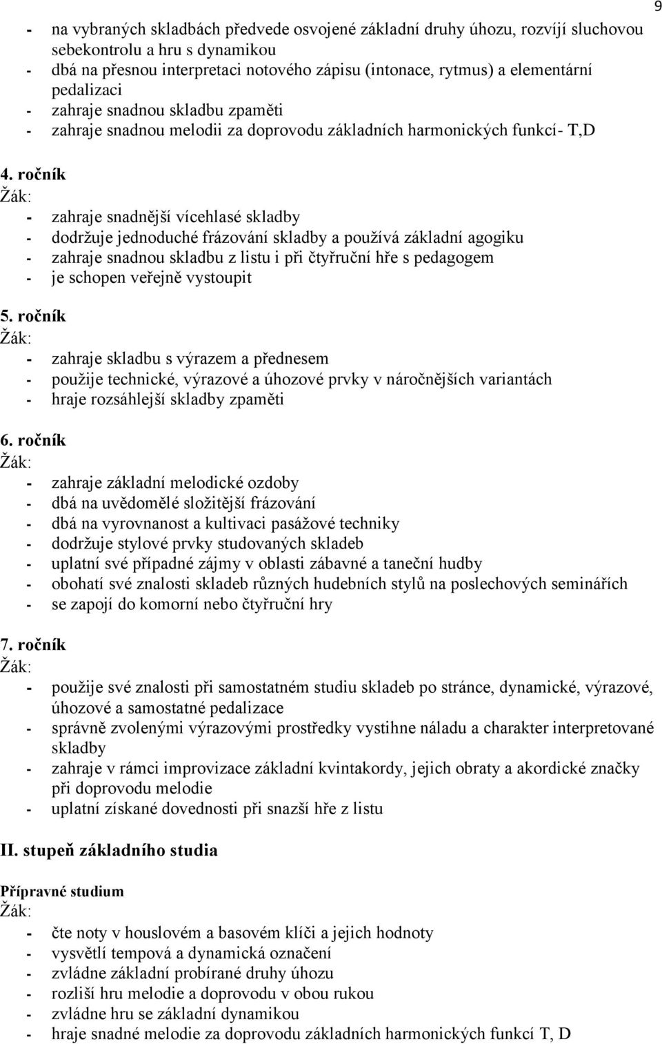 ročník zahraje snadnější vícehlasé skladby dodržuje jednoduché frázování skladby a používá základní agogiku zahraje snadnou skladbu z listu i při čtyřruční hře s pedagogem je schopen veřejně