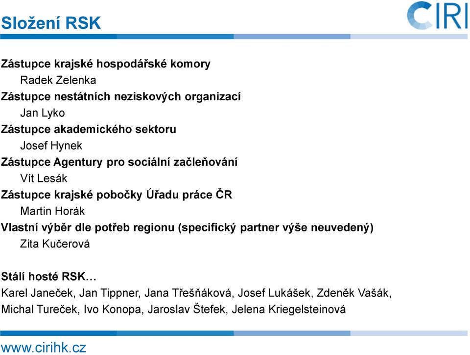 Martin Horák Vlastní výběr dle potřeb regionu (specifický partner výše neuvedený) Zita Kučerová Stálí hosté RSK Karel