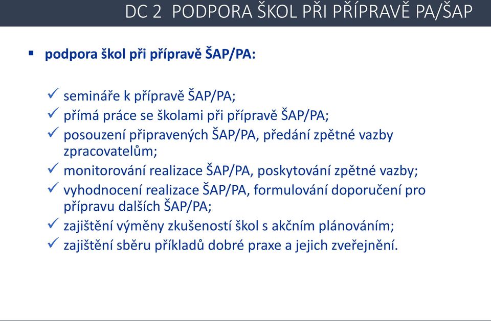 realizace ŠAP/PA, poskytování zpětné vazby; vyhodnocení realizace ŠAP/PA, formulování doporučení pro přípravu