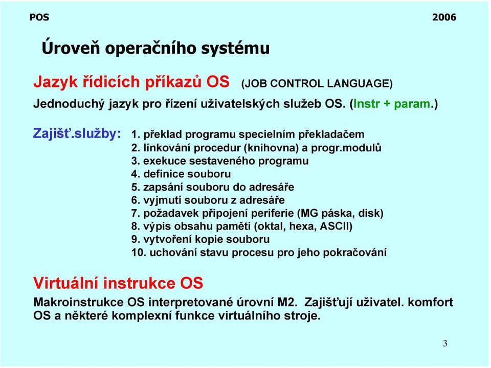 zapsání souboru do adresáře 6. vyjmutí souboru z adresáře 7. požadavek připojení periferie (MG páska, disk) 8. výpis obsahu paměti (oktal, hexa, ASCII) 9.