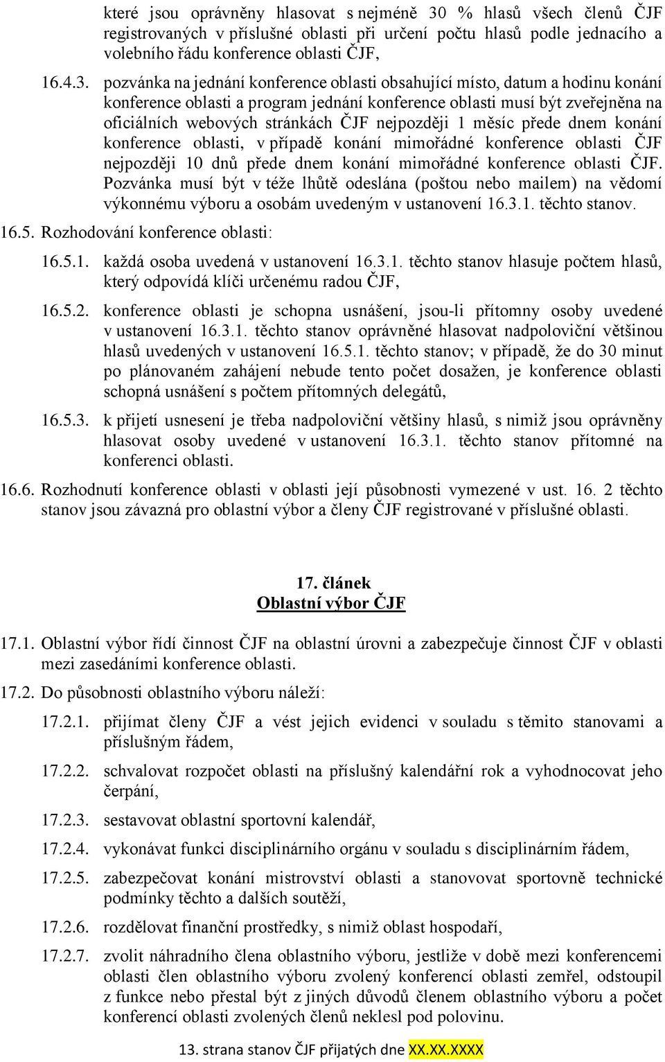 pozvánka na jednání konference oblasti obsahující místo, datum a hodinu konání konference oblasti a program jednání konference oblasti musí být zveřejněna na oficiálních webových stránkách ČJF