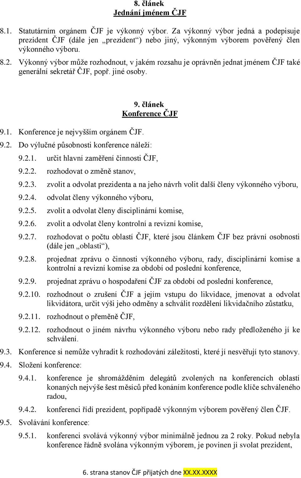 Výkonný výbor může rozhodnout, v jakém rozsahu je oprávněn jednat jménem ČJF také generální sekretář ČJF, popř. jiné osoby. 9.1. Konference je nejvyšším orgánem ČJF. 9. článek Konference ČJF 9.2.