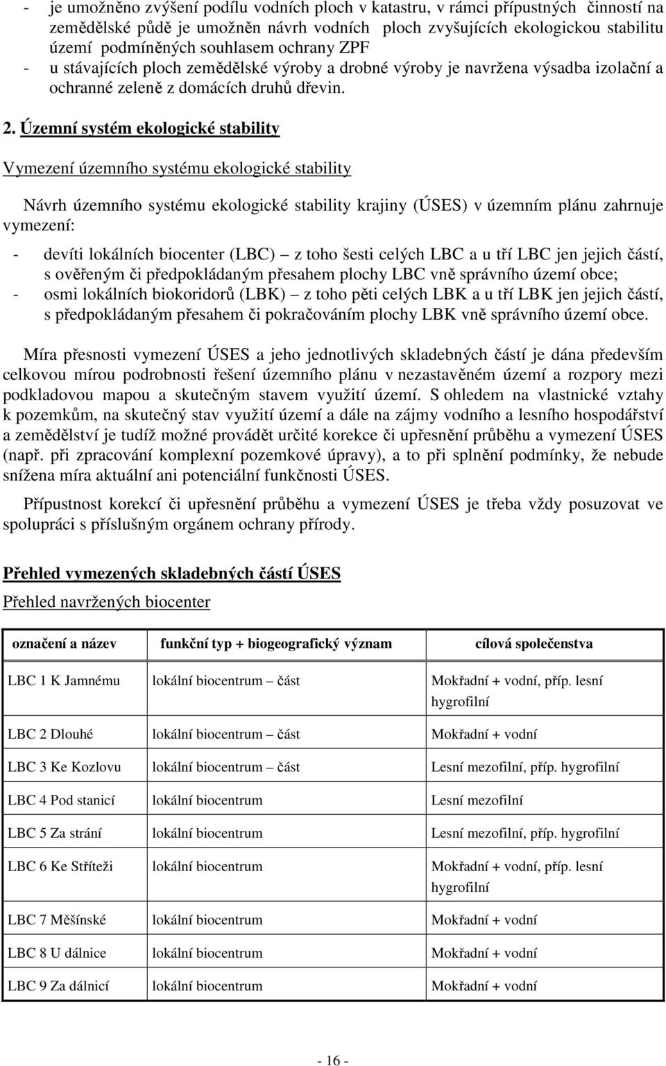 Územní systém ekologické stability Vymezení územního systému ekologické stability Návrh územního systému ekologické stability krajiny (ÚSES) v územním plánu zahrnuje vymezení: - devíti lokálních