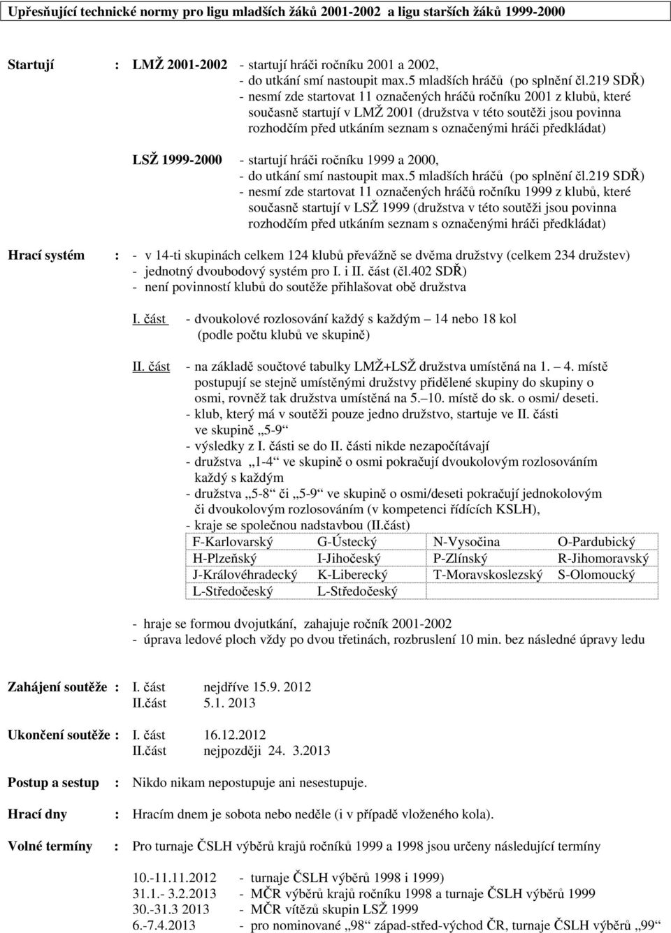 219 SDŘ) - nesmí zde startovat 11 označených hráčů ročníku 2001 z klubů, které současně startují v LMŽ 2001 (družstva v této soutěži jsou povinna rozhodčím před utkáním seznam s označenými hráči