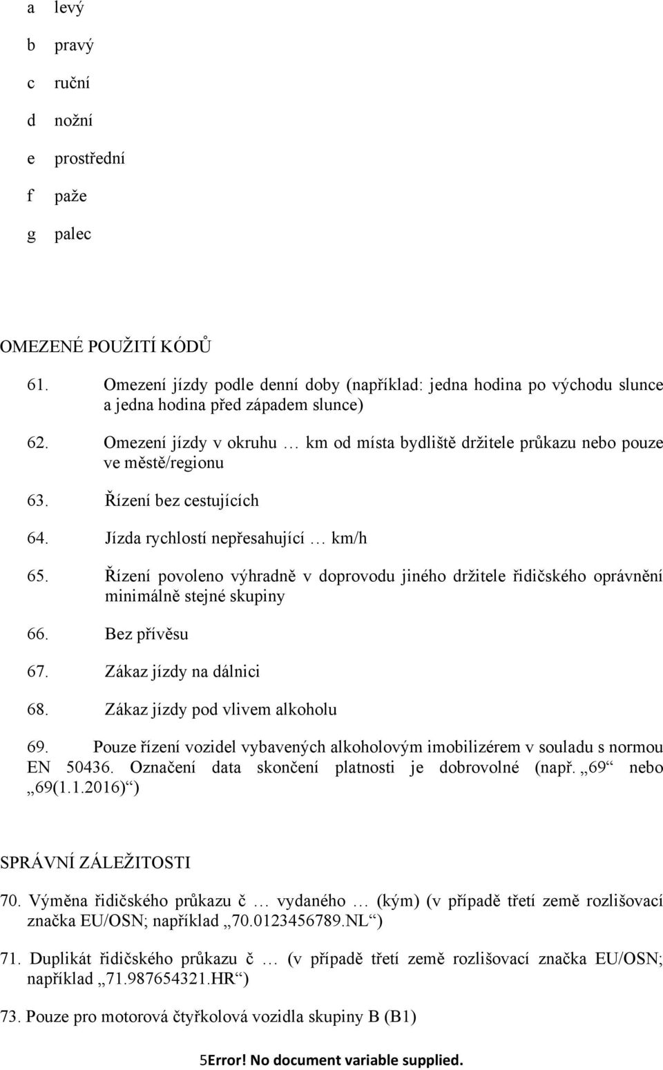 Řízení povoleno výhradně v doprovodu jiného držitele řidičského oprávnění minimálně stejné skupiny 66. Bez přívěsu 67. Zákaz jízdy na dálnici 68. Zákaz jízdy pod vlivem alkoholu 69.