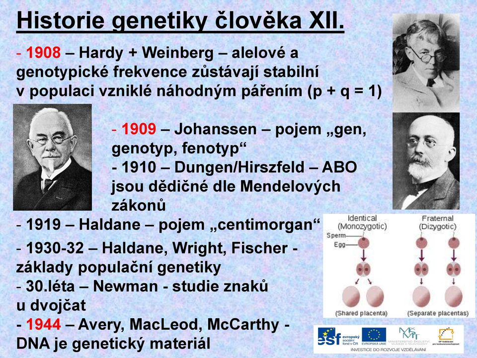 q = 1) - 1909 Johanssen pojem gen, genotyp, fenotyp - 1910 Dungen/Hirszfeld ABO jsou dědičné dle Mendelových zákonů