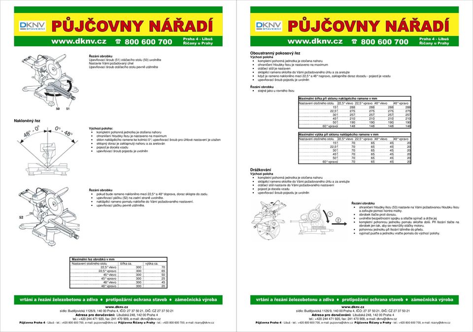 naklápěcího ramene ke kolmici 0, upevňovací šroub pro úhlové nastavení je utažen sklopný doraz je zaklapnutý nahoru a za aretován pokud bude rameno nakloněno mezi 22,5 a 48 doprava, doraz sklopte do