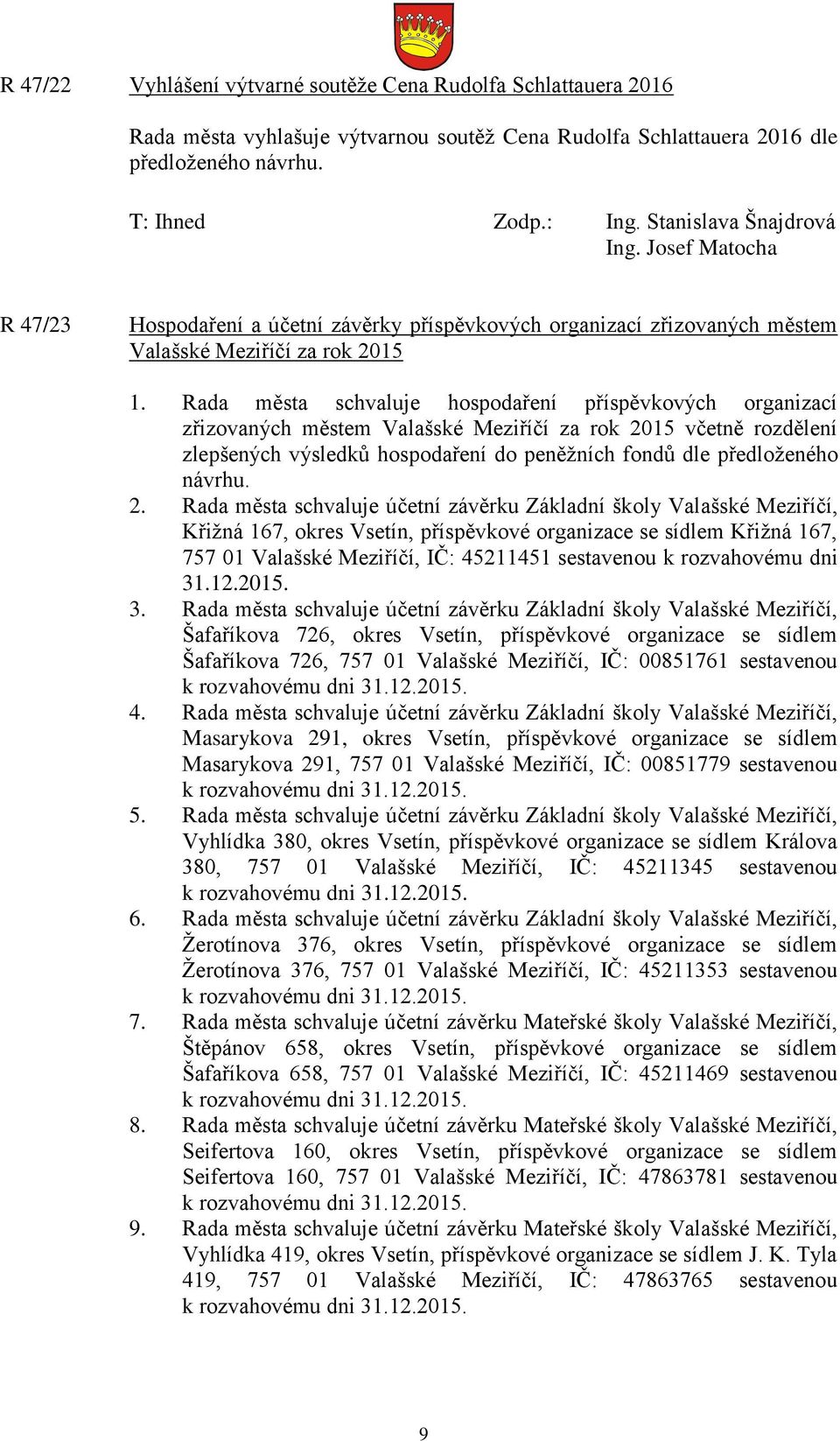 Rada města schvaluje hospodaření příspěvkových organizací zřizovaných městem Valašské Meziříčí za rok 2015 včetně rozdělení zlepšených výsledků hospodaření do peněžních fondů dle předloženého návrhu.