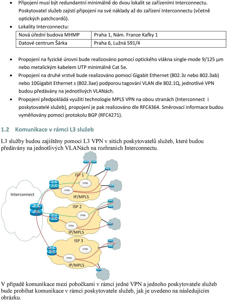 Franze Kafky 1 Datové centrum Šárka Praha 6, Lužná 591/4 Propojení na fyzické úrovni bude realizováno pomocí optického vlákna single-mode 9/125 µm nebo metalickým kabelem UTP minimálně Cat 5e.