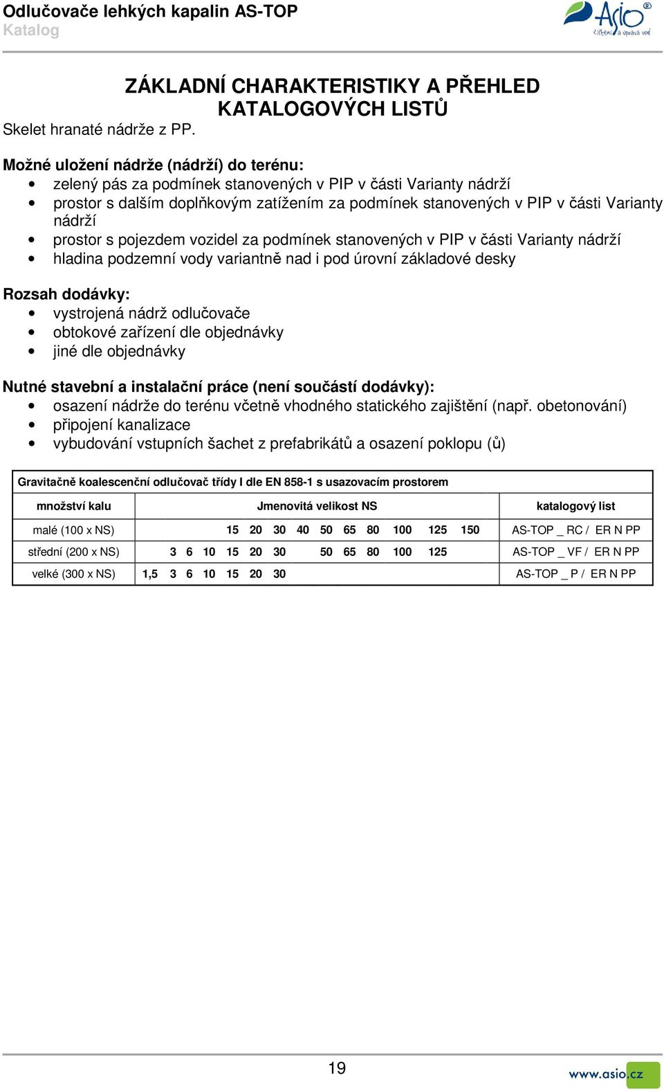 prostor s pojezdem vozidel za podmínek stanovených v PIP v části Varianty nádrží hladina podzemní vody variantně nad i pod úrovní základové desky Rozsah dodávky: vystrojená nádrž odlučovače obtokové