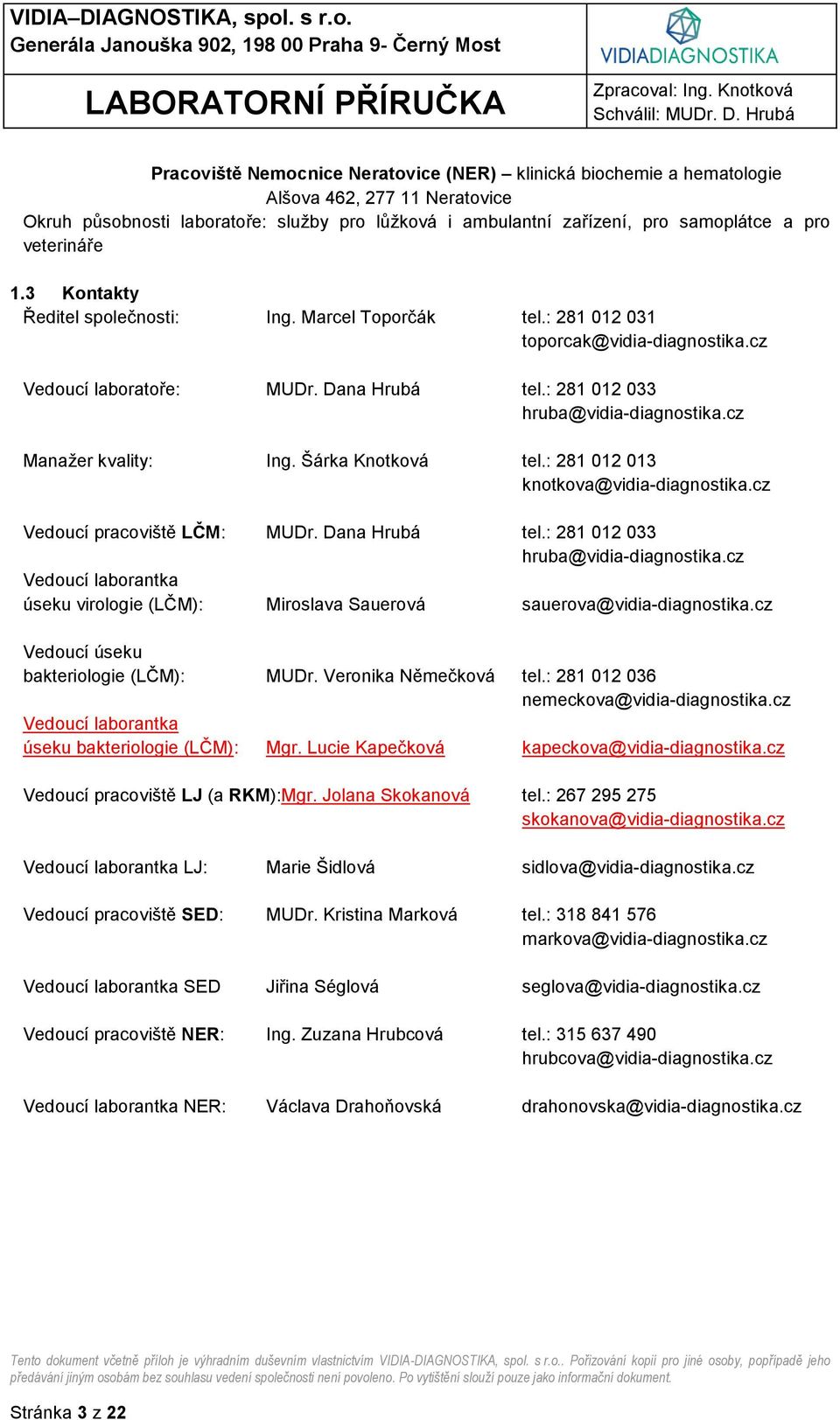 cz Manažer kvality: Ing. Šárka Knotková tel.: 281 012 013 knotkova@vidia-diagnostika.cz Vedoucí pracoviště LČM: MUDr. Dana Hrubá tel.: 281 012 033 hruba@vidia-diagnostika.