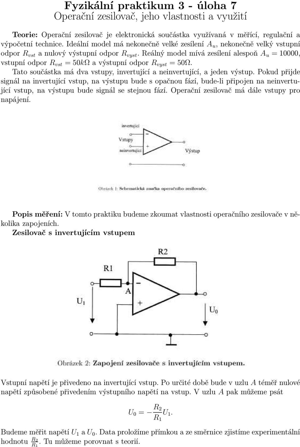 Reálný model mívá zesílení alespoň A u = 1, vstupní odpor R vst = 5kΩ a výstupní odpor R vyst = 5Ω. Tato součástka má dva vstupy, invertující a neinvertující, a jeden výstup.