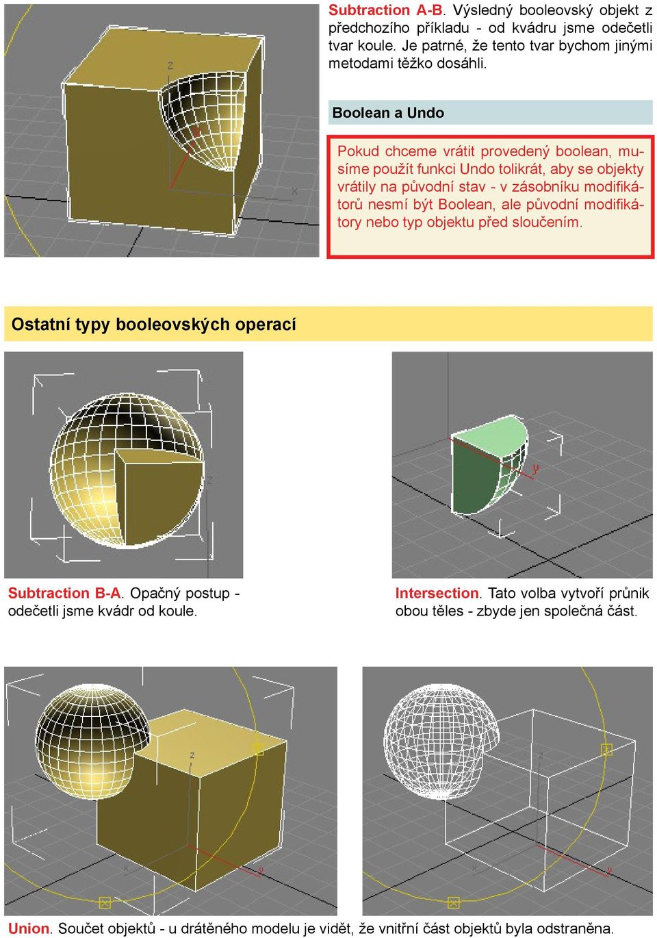 oolean, ale původní modifikátory nebo typ objektu před sloučením. Ostatní typy booleovských operací Subtraction -. Opačný postup - odečetli jsme kvádr od koule.