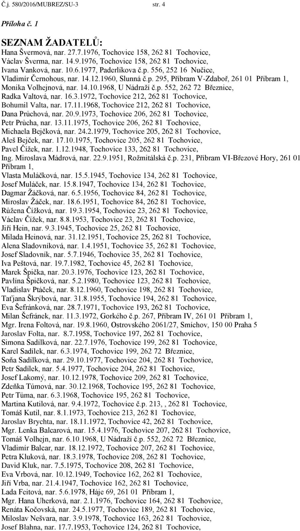 16.3.1972, Tochovice 212, 262 81 Tochovice, Bohumil Valta, nar. 17.11.1968, Tochovice 212, 262 81 Tochovice, Dana Průchová, nar. 20.9.1973, Tochovice 206, 262 81 Tochovice, Petr Průcha, nar. 13.11.1975, Tochovice 206, 262 81 Tochovice, Michaela Bejčková, nar.