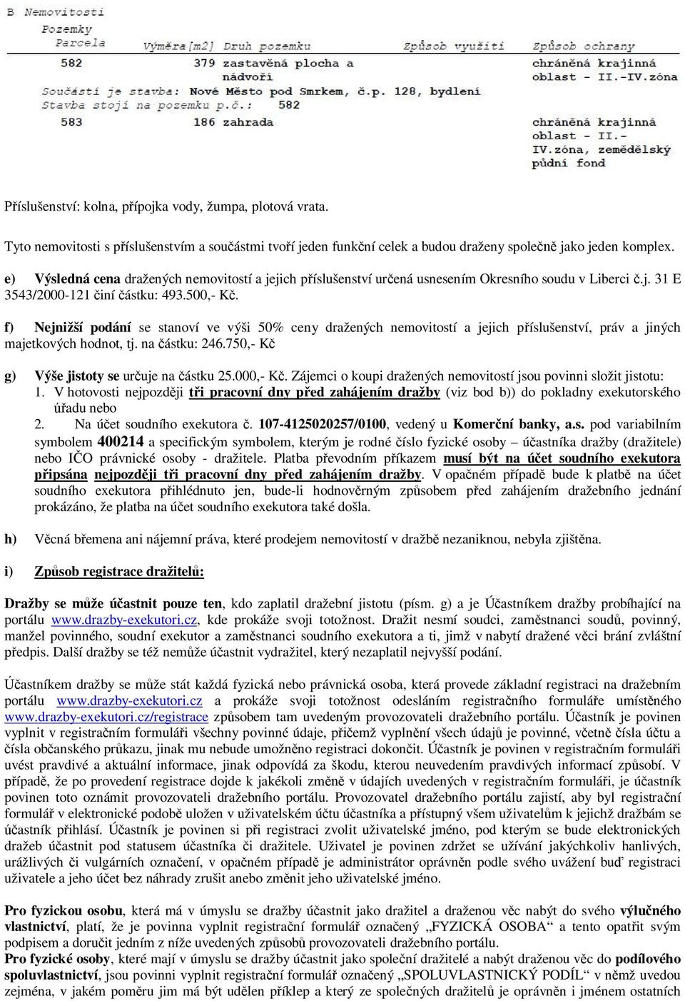 f) Nejnižší podání se stanoví ve výši 50% ceny dražených nemovitostí a jejich příslušenství, práv a jiných majetkových hodnot, tj. na částku: 246.750,- Kč g) Výše jistoty se určuje na částku 25.